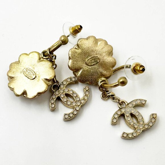 Chanel Gold Camellia Flower CC Opal Crystal Dangle Piercing Earrings - Picture 4 of 4